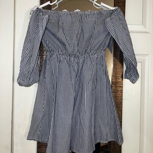Off shoulder blue/white stripe/lace mini dress